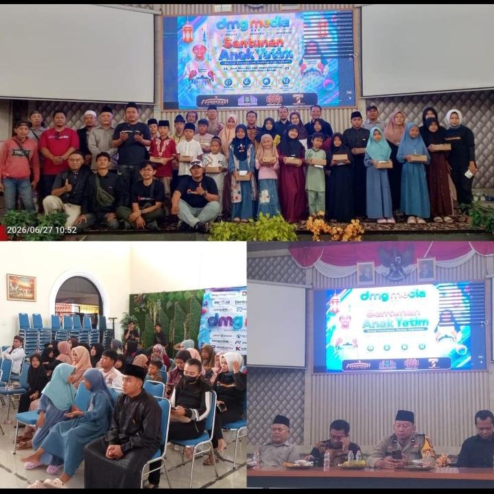 DMG media santunan anak yatim-piatu di aula kecamatan kelapa dua.