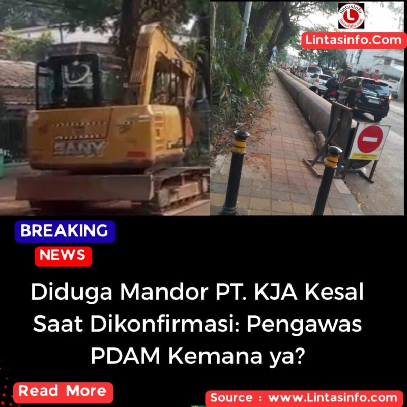 Escavator dan pipa PDAM yang memakan bahu jalan.